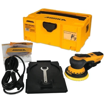 5-inch electric orbital sander kit with yellow hard case, accessories, and power cord