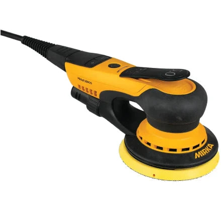 Electric 5-inch orbital sander with yellow and black design, ergonomic handle, and power cord
