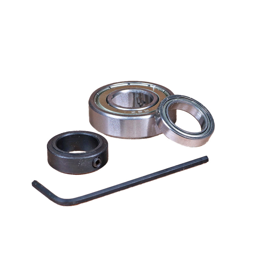 Router bit bearing kit with sealed ball bearings, hex key, and locking collar on white background