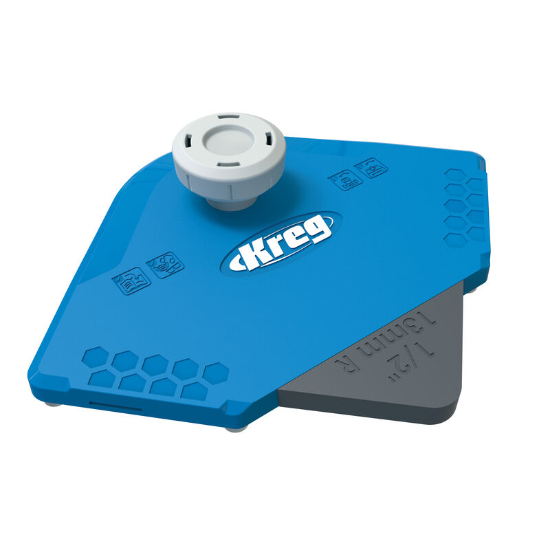 Blue Kreg woodworking router guide with adjustable knob and 1/2 inch marking.