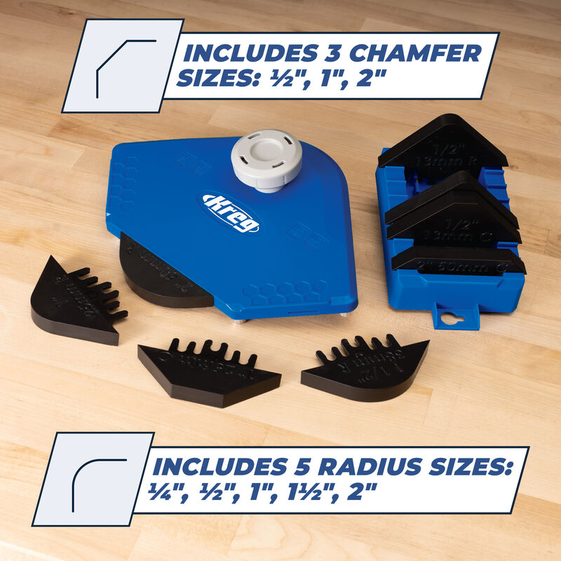 Woodworking chamfer and radius jig with size templates on wooden surface, includes multiple guide sizes.