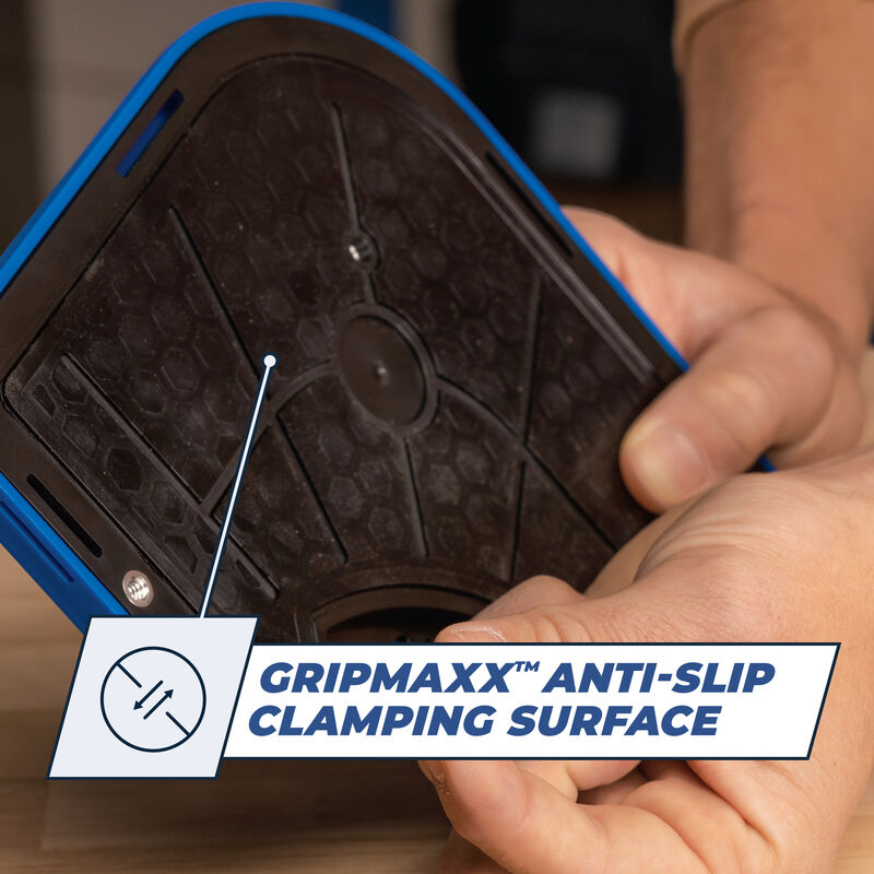 Close-up of tool base with GripMaxx anti-slip clamping surface for secure woodworking.