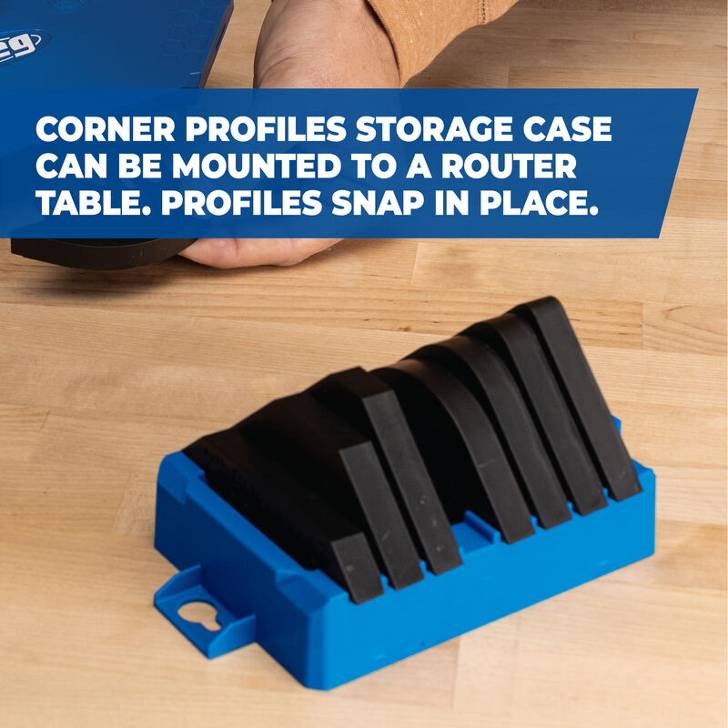 Corner profiles storage case with black profiles for router table, organized on a workbench.