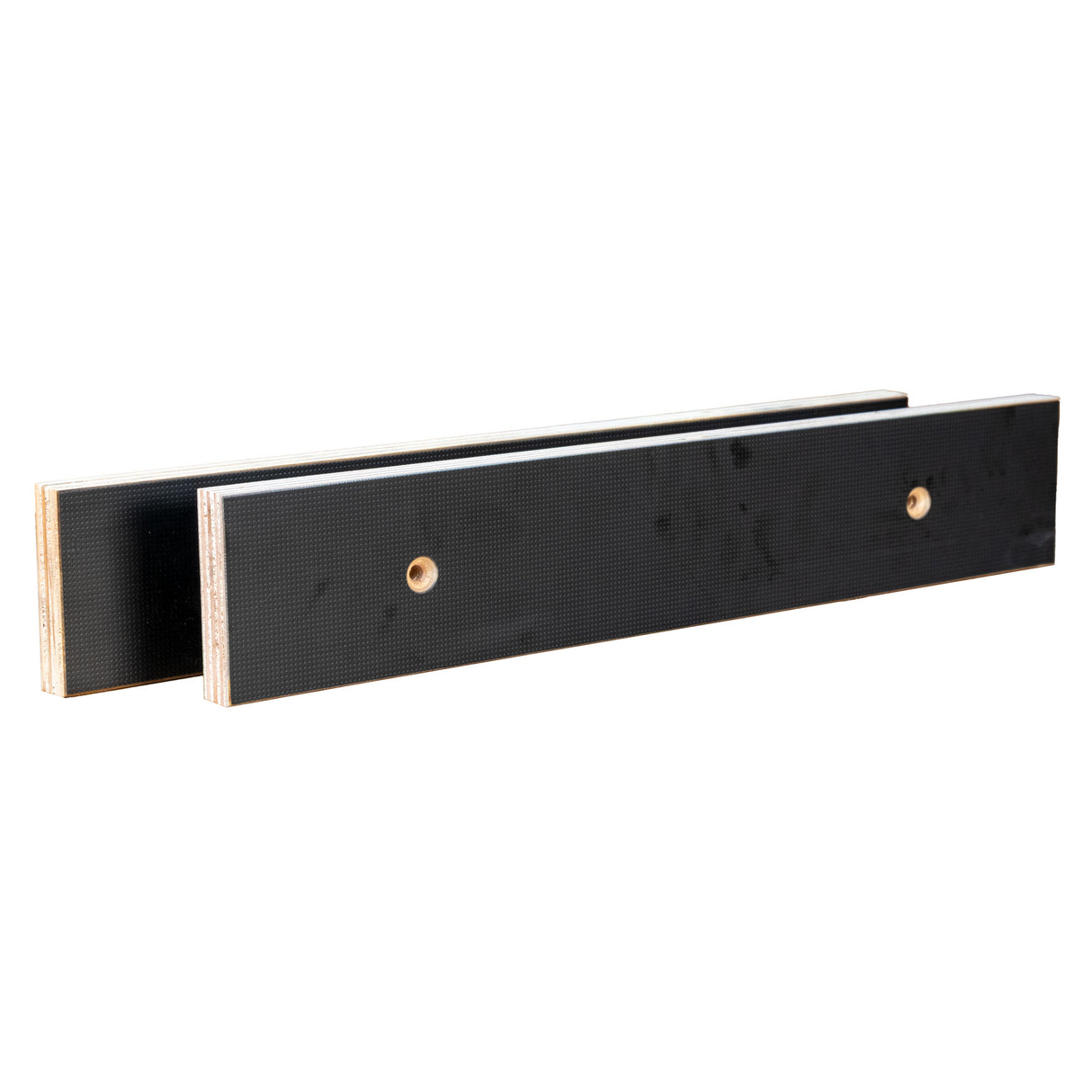 Pair of black MDF router table fence faces on white background for woodworking