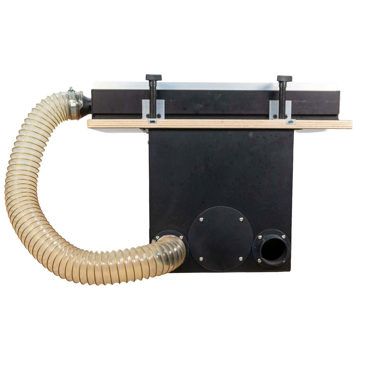 Back view of a portable router table system with attached dust collection hose and clamps.