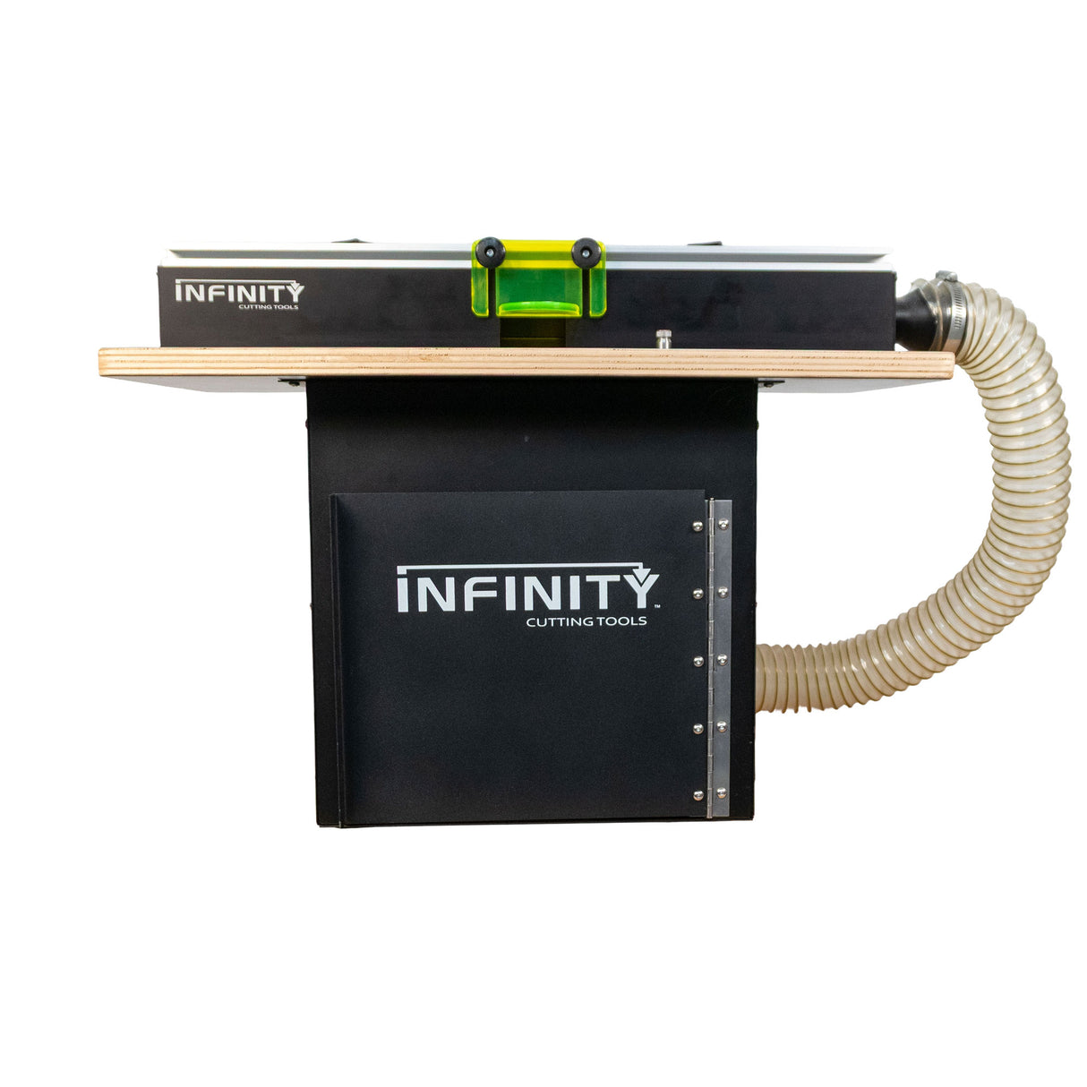 Portable router table system with dust collection hose and safety fence, front view