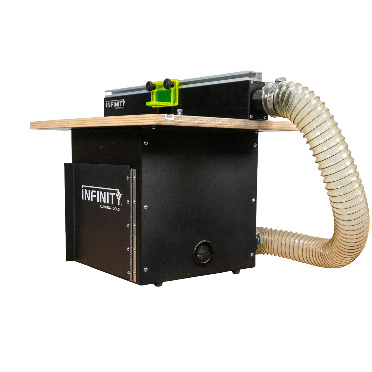 Portable router table system with dust collection hose and adjustable fence for woodworking