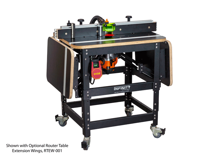 Router table with extension wings, rolling stand, and safety switch for woodworking.