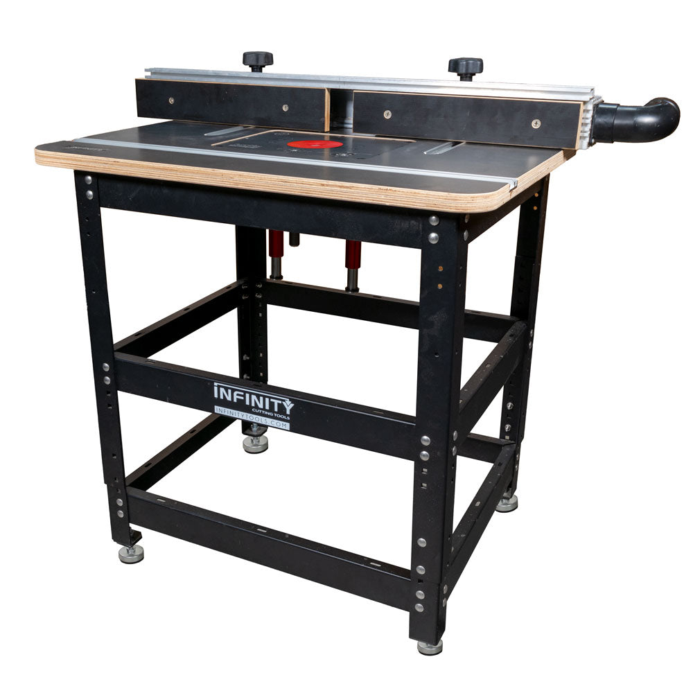 Router table package with adjustable fence and dust port on sturdy black stand