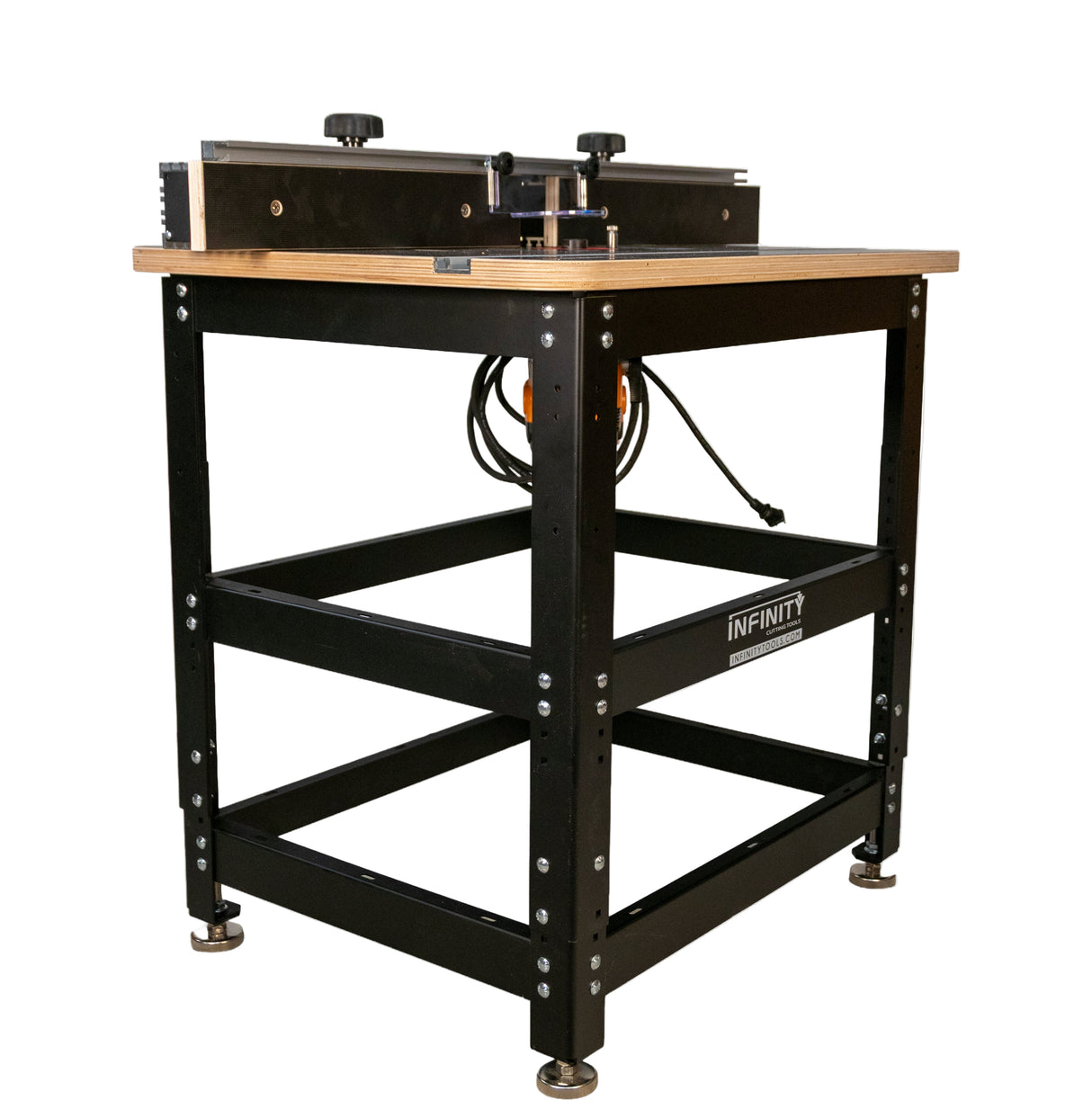 Heavy-duty router table with black steel frame, adjustable fence, and wood top for woodworking.