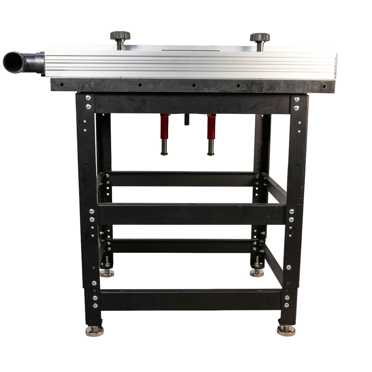 Cast iron router table with metal stand, adjustable fence, and dust port, woodworking tool