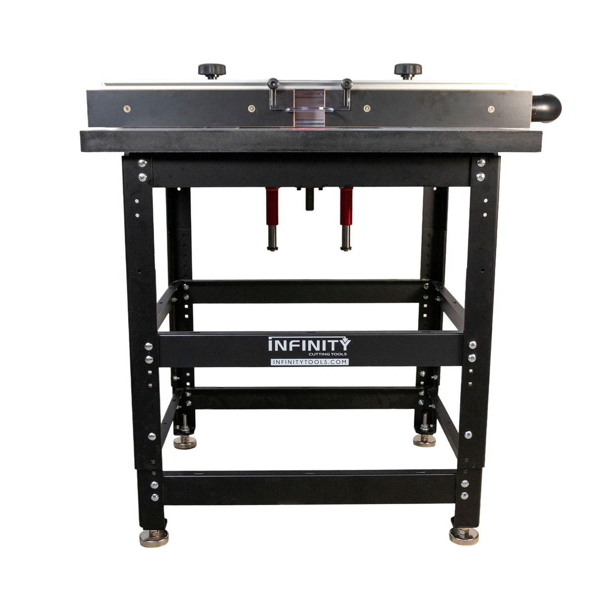 Router table package with cast iron top, sturdy metal frame, and adjustable fence