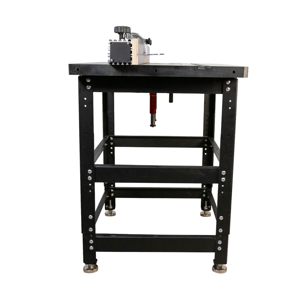Pro router table package with cast iron top and lift, shown from side on metal stand