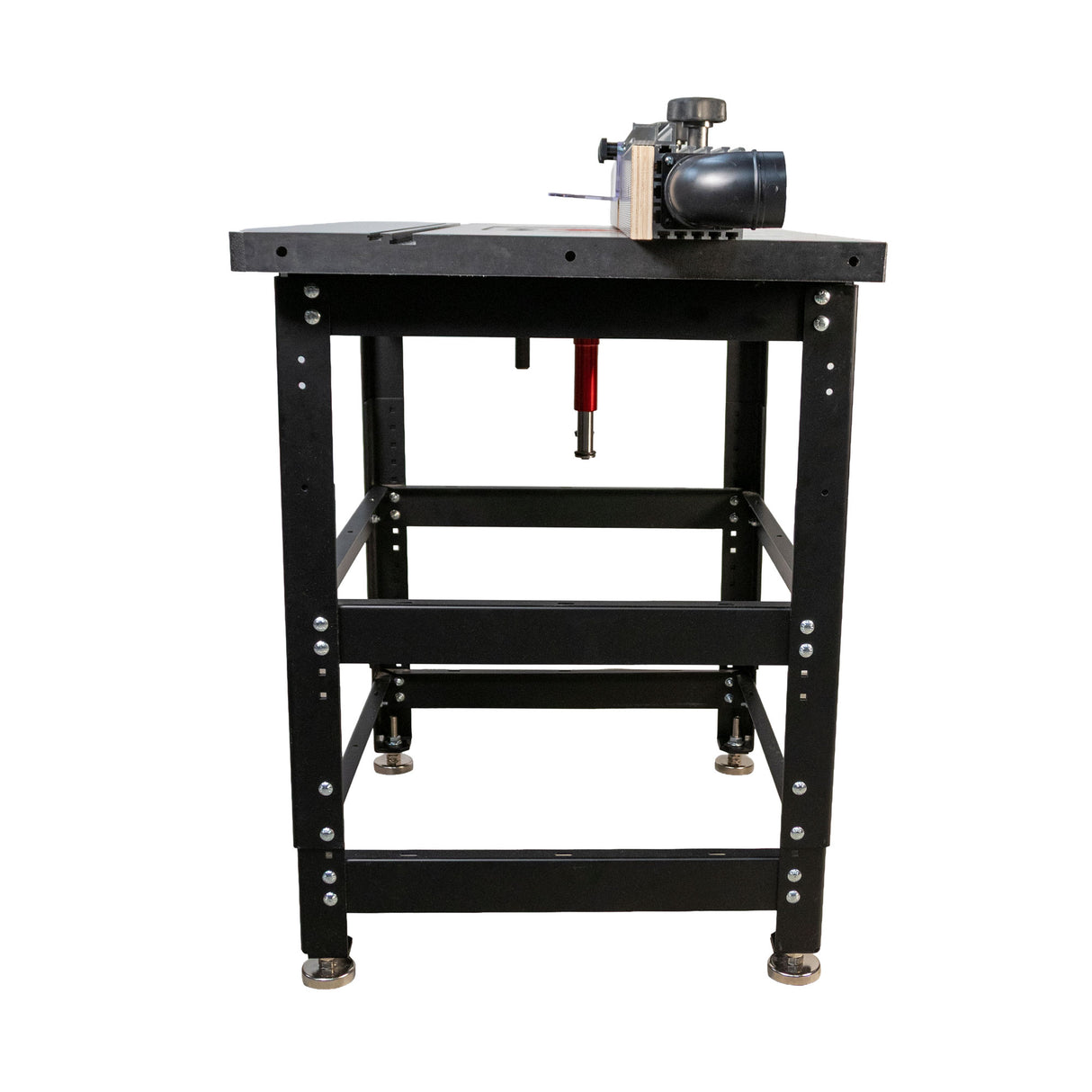 Cast iron router table with black metal frame, router lift, and visible router bit