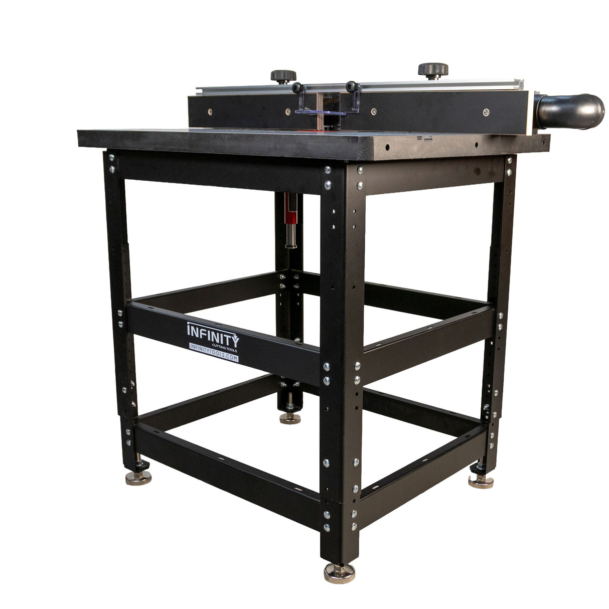 Heavy-duty router table package with cast iron top and adjustable fence for woodworking