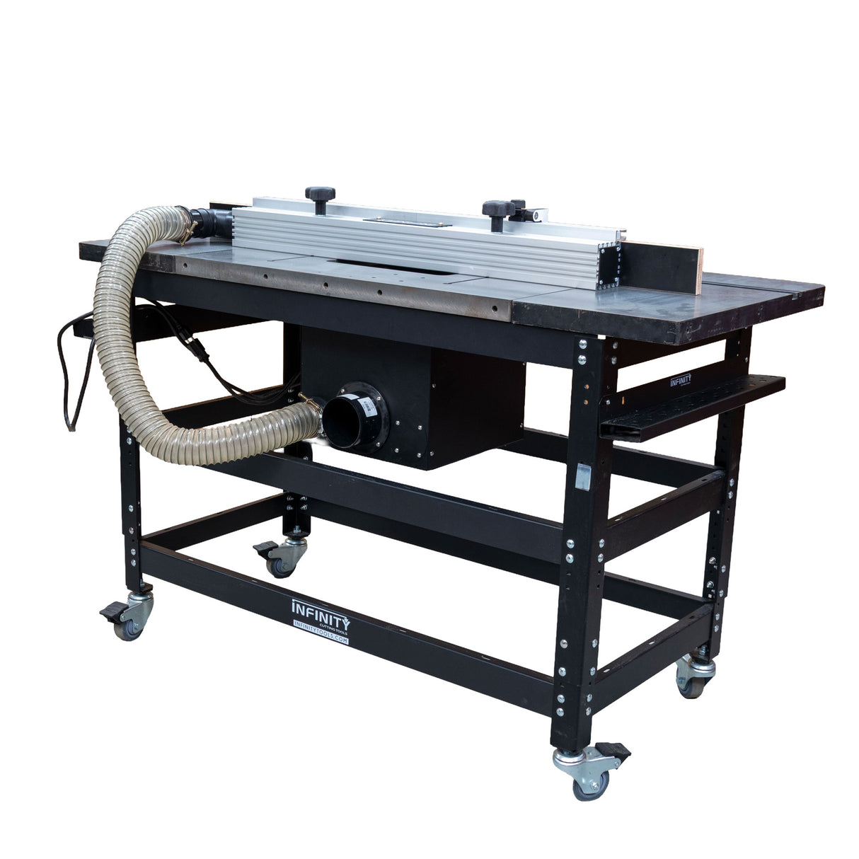 Infinity Tools 1776 Freedom Class router table with dust hose, back three-quarter left view, on a white background