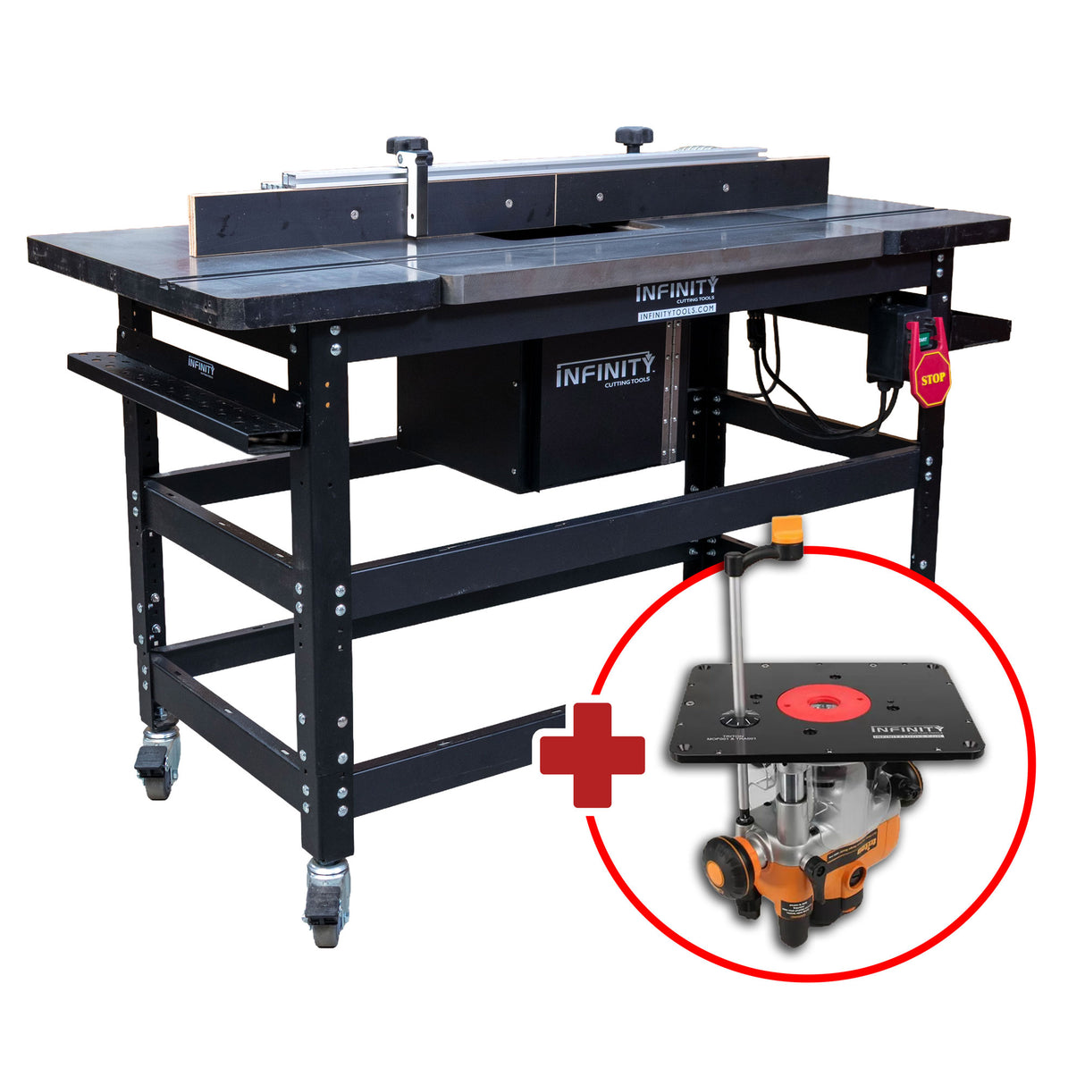 Infinity Tools 1776 Freedom Class router table with an inset close-up of the included router lift