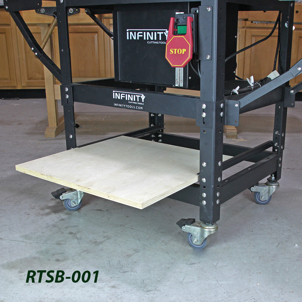 Router table stand with caster wheels, lower plywood shelf, and emergency stop switch