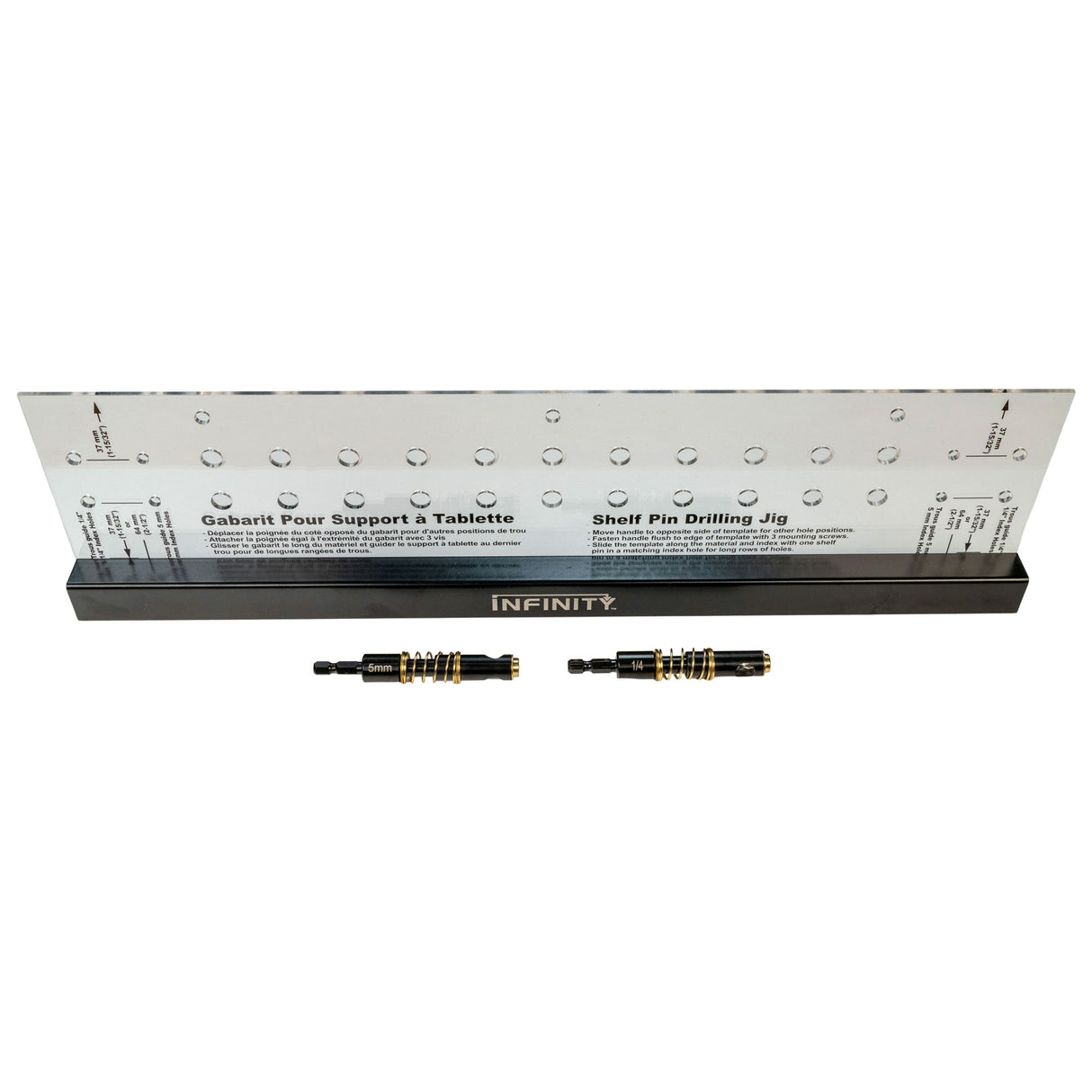 Clear shelf pin drilling jig with black base and two drill bits on white background