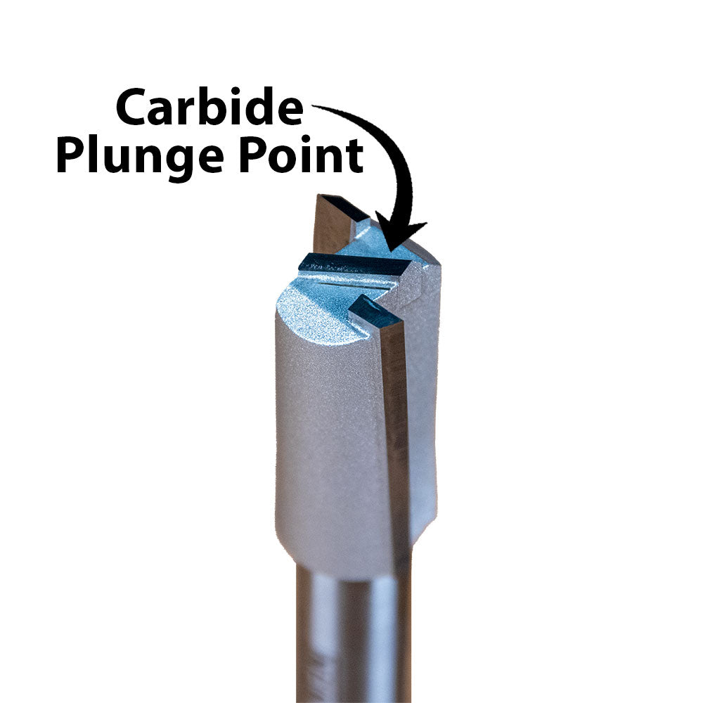 Carbide plunge point straight router bit for woodworking, close-up on cutting edge.