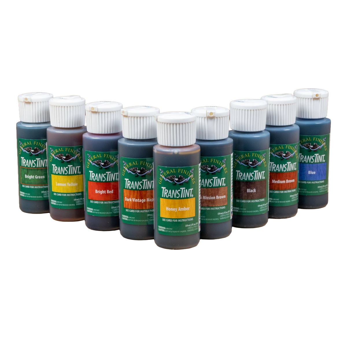 Assorted General Finishes TransTint wood dye bottles in various colors for woodworking projects