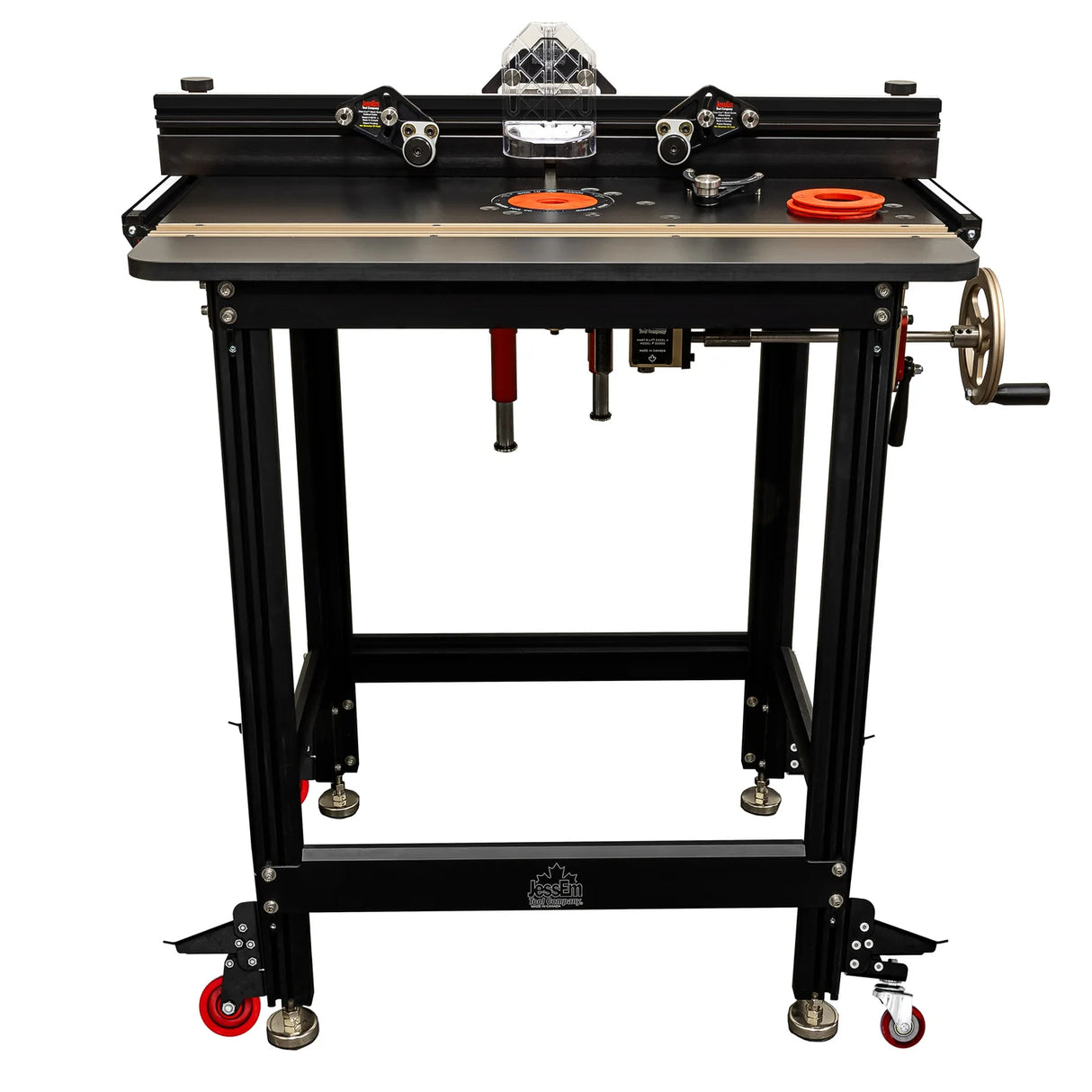 Heavy-duty router table package with adjustable fence, crank handle, and sturdy metal frame