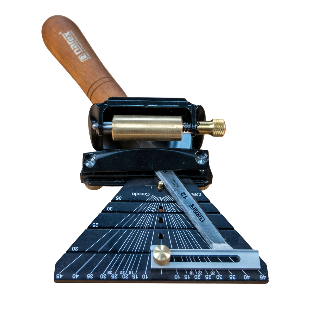 Woodworking honing guide with adjustable brass roller and angle gauge tool