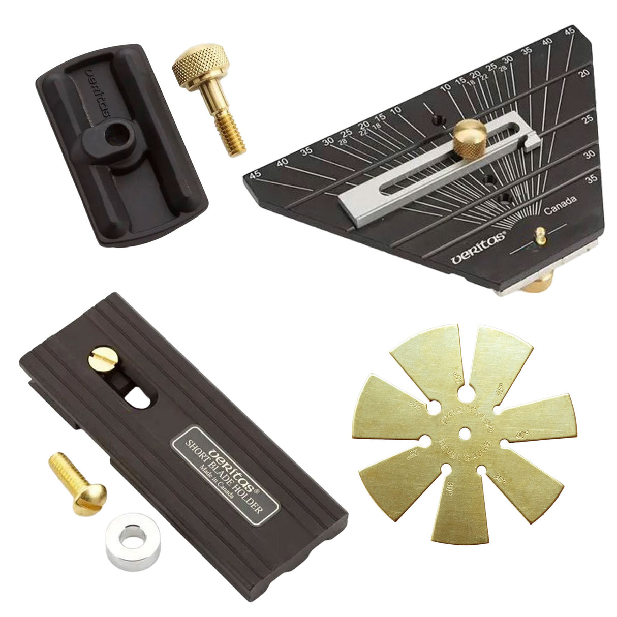 Veritas sharpening system set with angle guide, brass bevel gauge, and blade holder for woodworking
