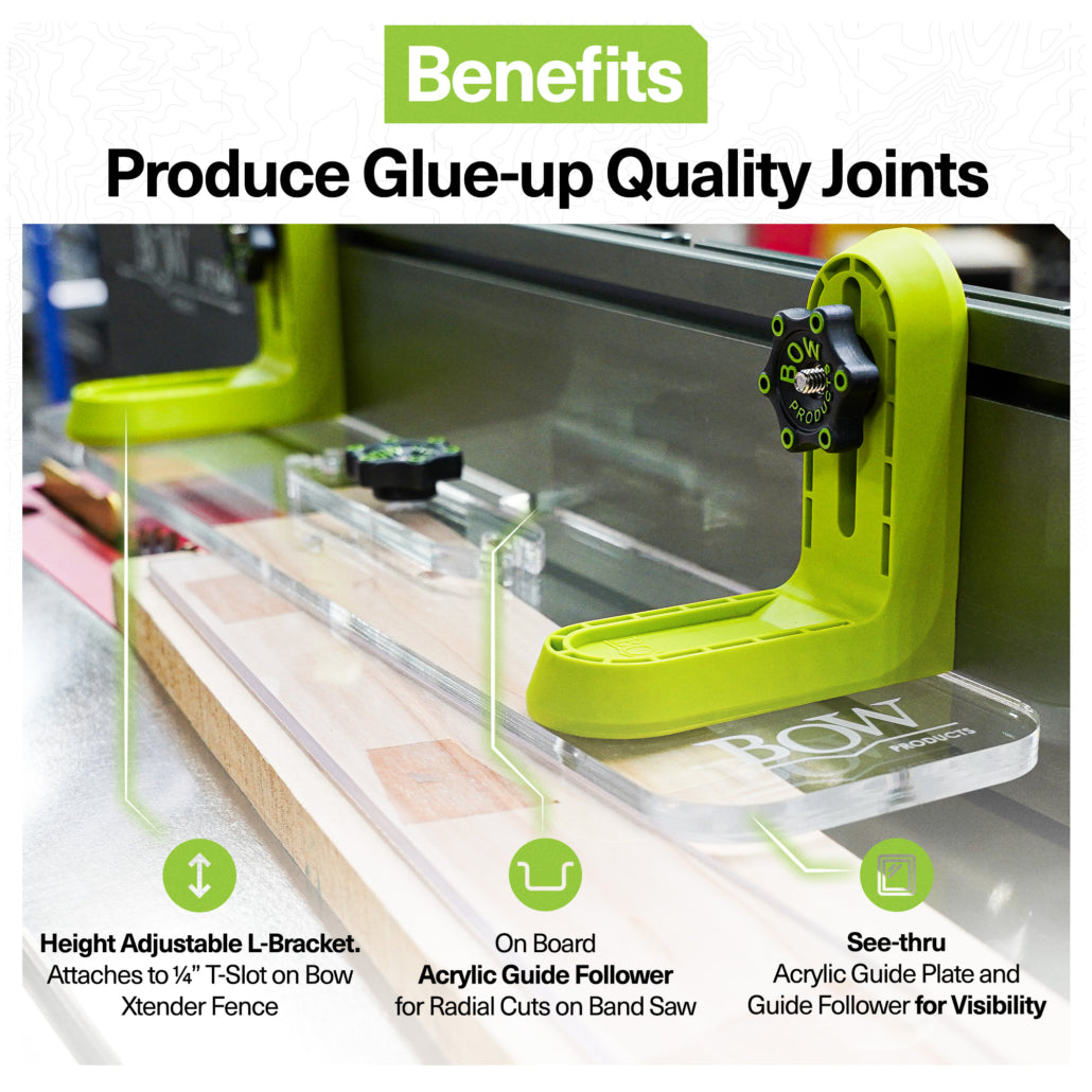Height adjustable L-bracket woodworking tool with see-thru acrylic guide on band saw fence