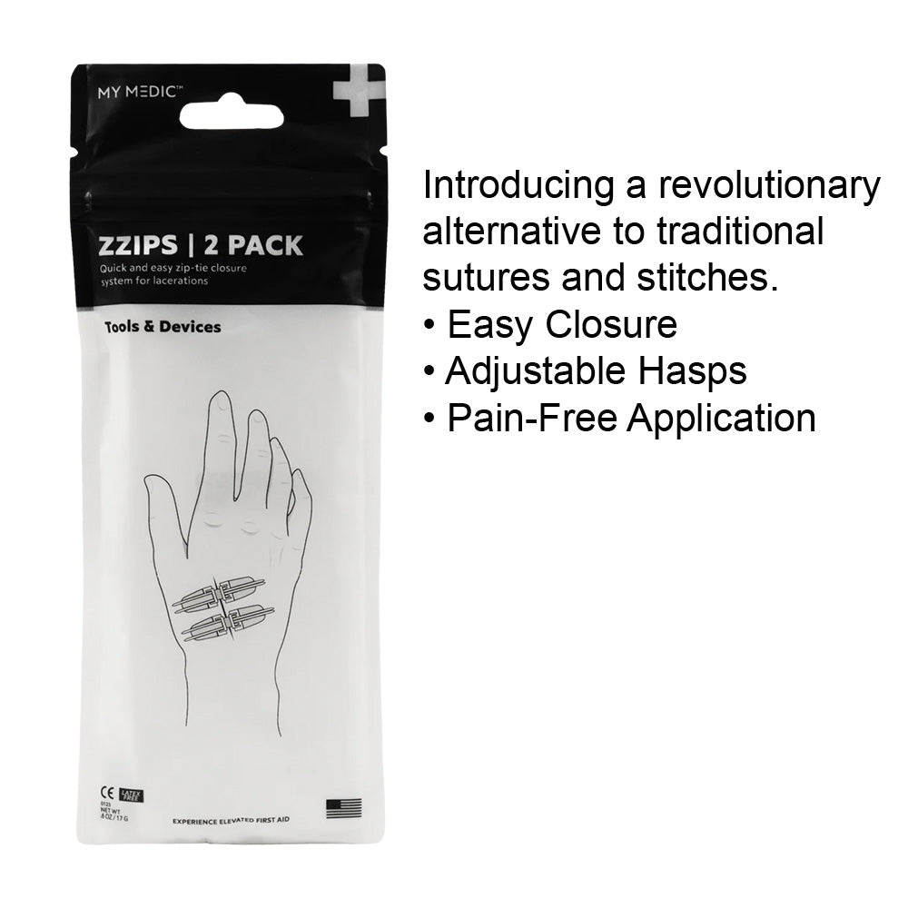 ZZIPS 2-pack wound closure kit packaging with hand illustration and product benefits listed.