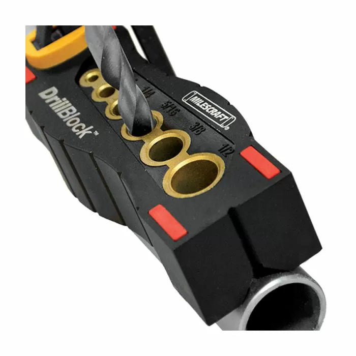 Milescraft DrillBlock woodworking drill guide with multiple hole sizes and drill bit