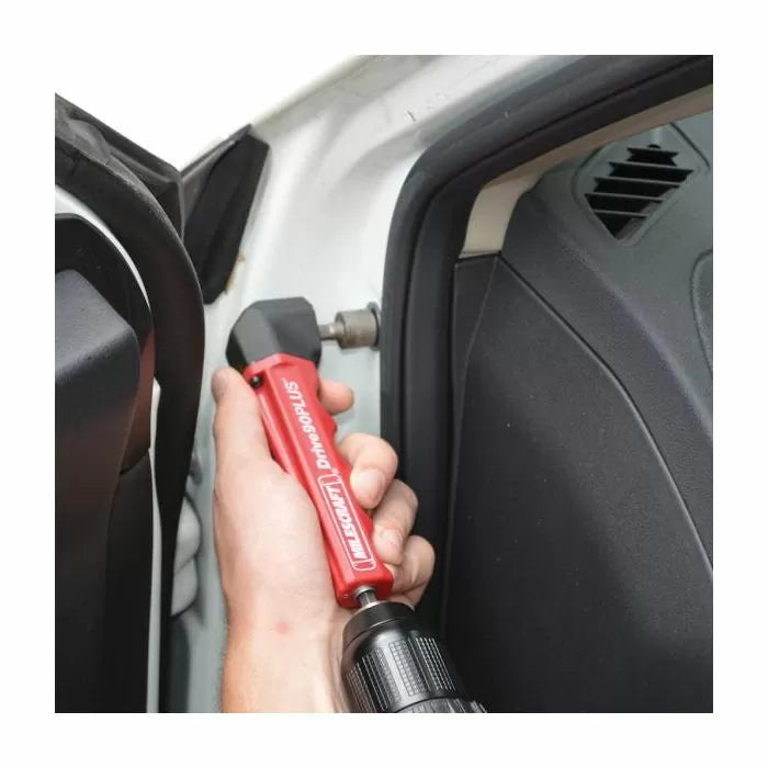 Right angle drill attachment for tight spaces, shown in use near a vehicle door hinge.