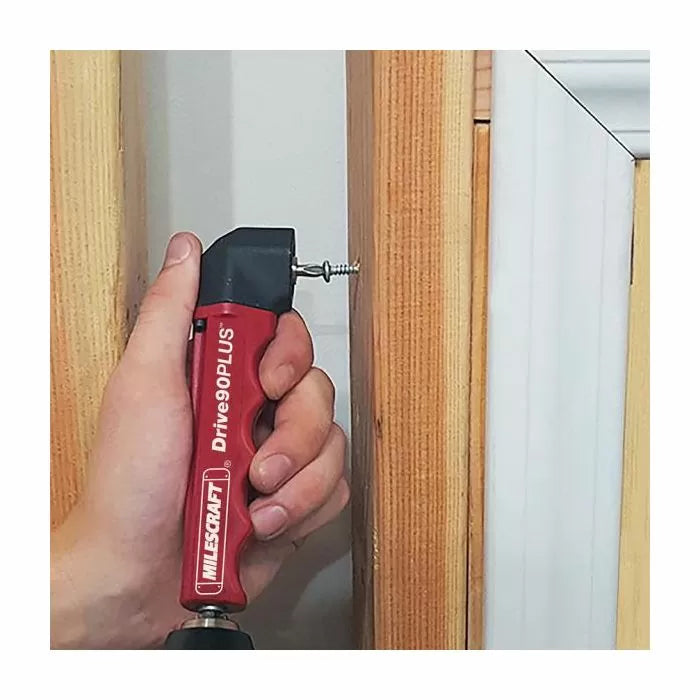 Right angle drill attachment driving screw in tight wood space, woodworking hand tool