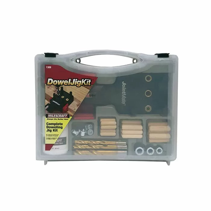 Milescraft doweling jig kit for woodworking, in clear plastic storage case with tools visible