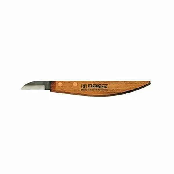 Wood carving knife with curved wooden handle and short straight blade for woodworking