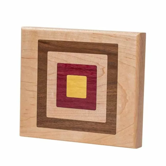 Wooden inlay panel with geometric square pattern in multiple wood tones