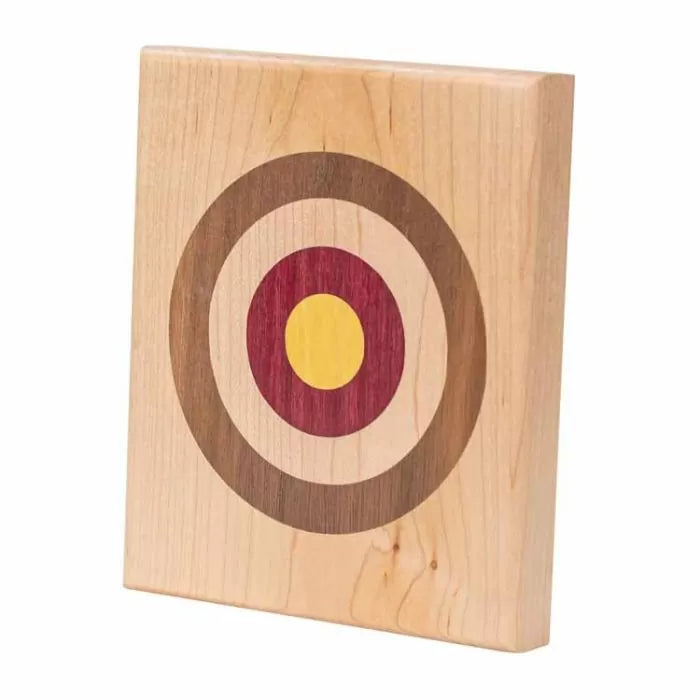 Wooden inlay target pattern block with concentric circles for woodworking projects