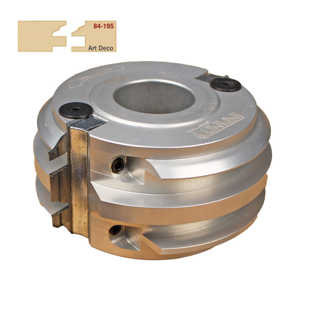Art Deco profile shaper cutter for woodworking, carbide-tipped, with profile diagram