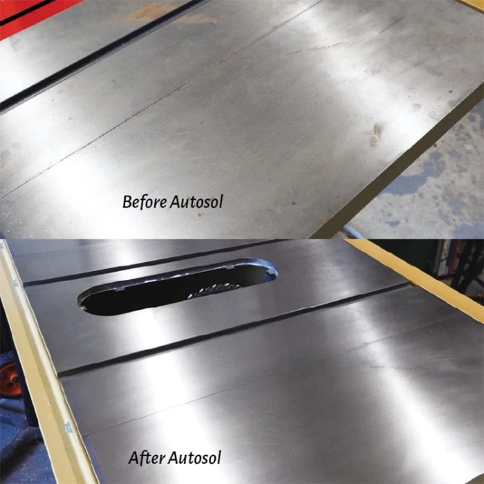 Table saw top before and after cleaning, showing rust removal and polished metal surface.