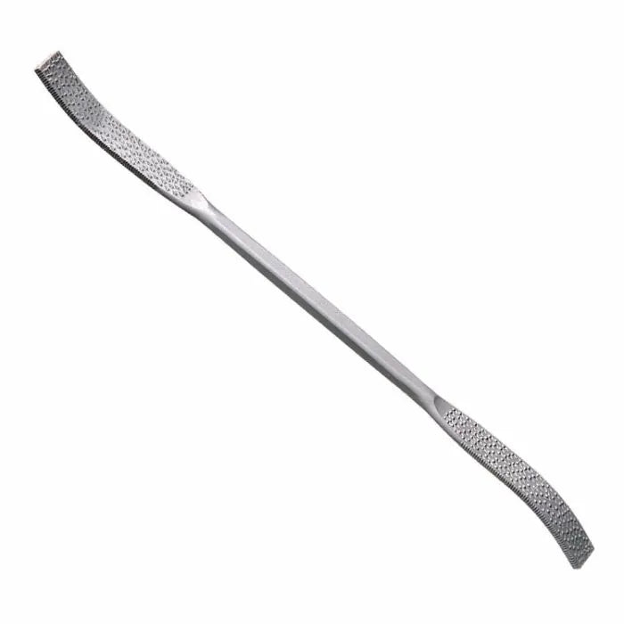 Double-ended stainless steel woodworking rasp hand tool with textured grip and curved ends