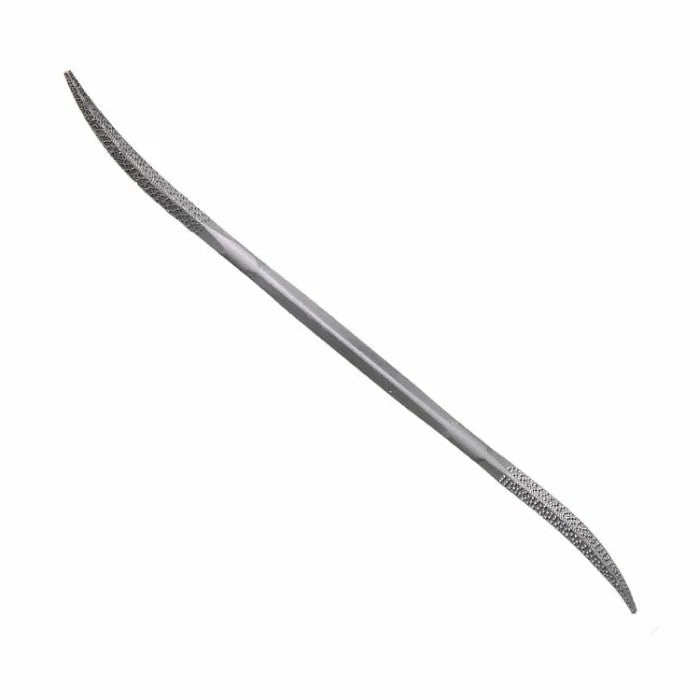 Curved woodworking rasp file with fine and coarse teeth on white background