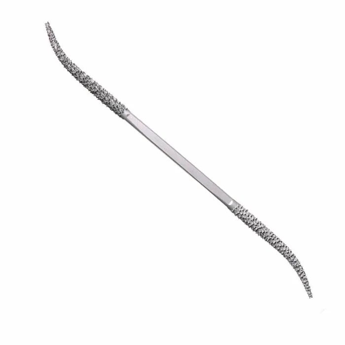 Double-ended curved wood rasp file with textured surfaces for woodworking detail