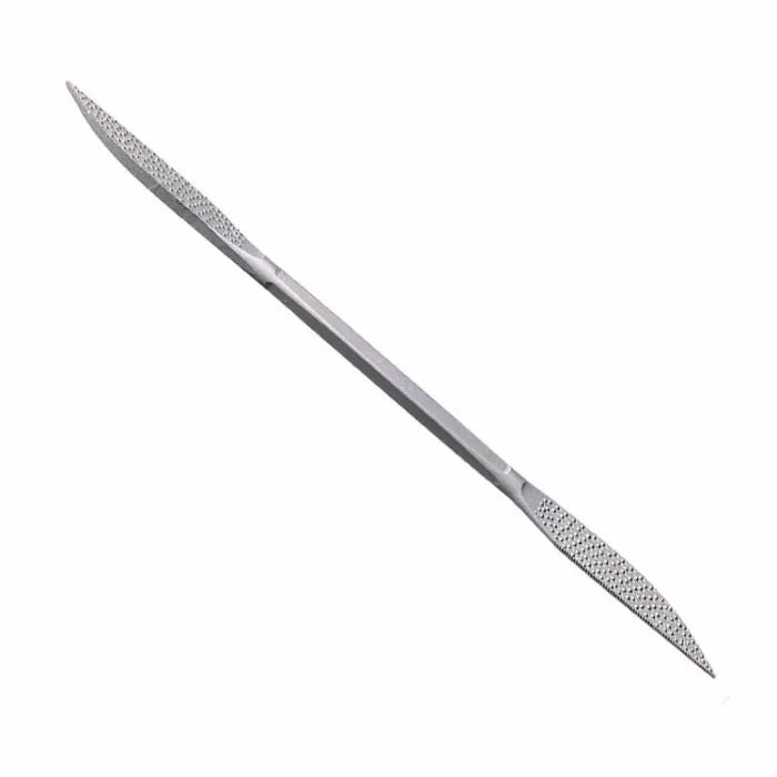 Double-ended steel woodworking rasp with textured file surfaces on both ends