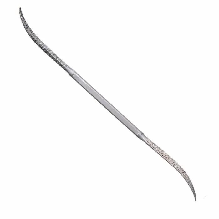 Curved rasp file for woodworking, dual-sided with textured metal for precise shaping
