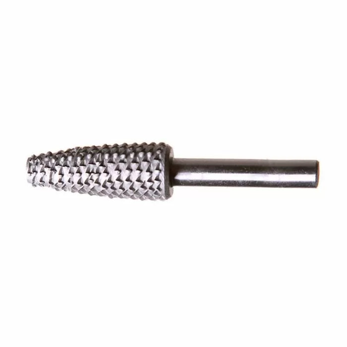 Tungsten carbide rotary burr for woodworking, pointed cone shape on white background