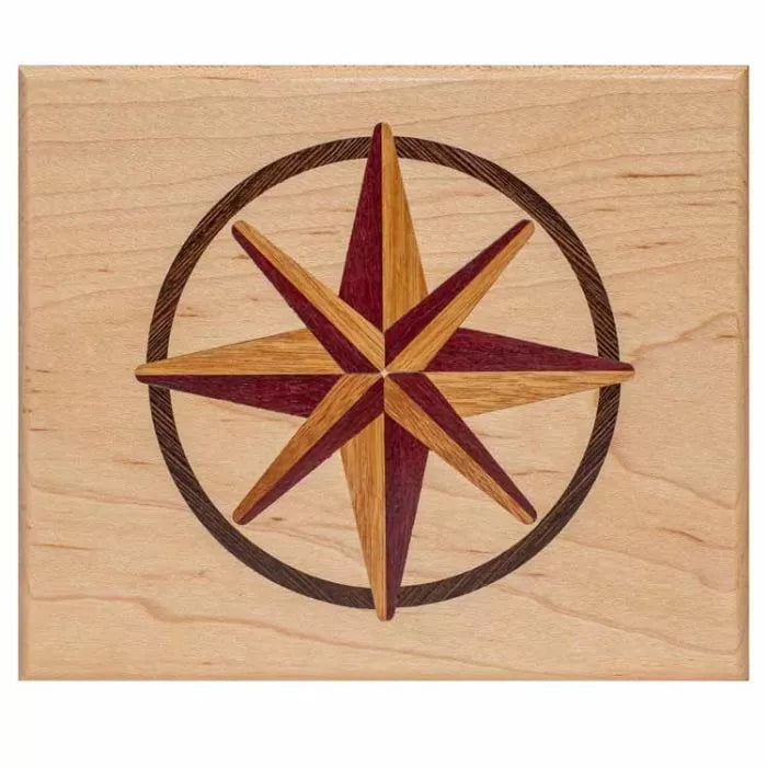 Wood inlay compass rose pattern on a square maple board, woodworking project sample