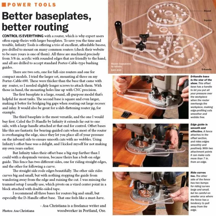Acrylic router baseplates in round, square, and D-handle styles for woodworking routers.