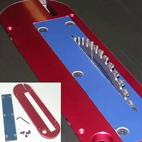Red aluminum table saw insert plate with riving knife, blue leveling plate, screws, and hex key.