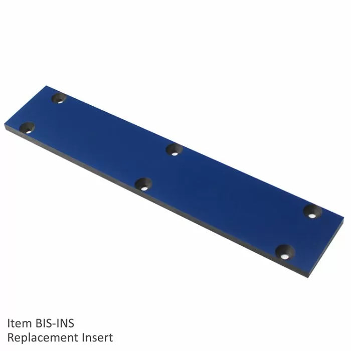 Blue replacement insert plate with six countersunk screw holes for woodworking tools