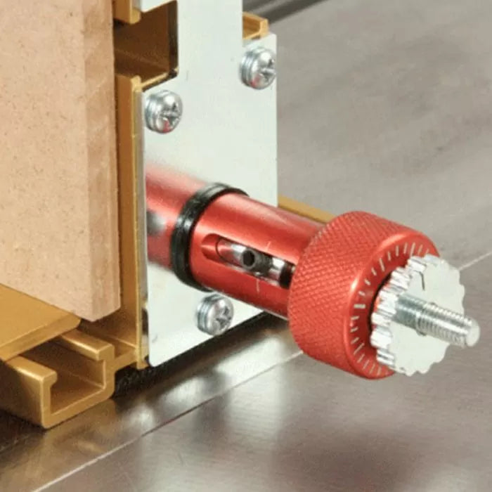 Router table micro adjuster tool with red knob and metal components for precise woodworking adjustments